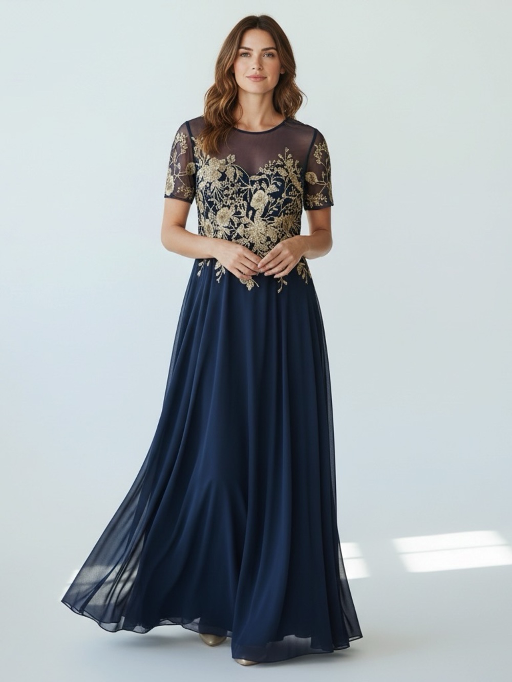 New Betsy & Adam Navy Maxi Dress with Gold Floral Embroidery size 16W